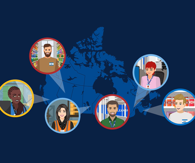 A blue map of Canada with images of Walmart associates from across the country.